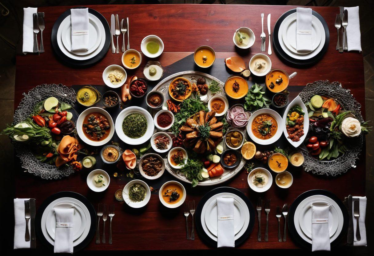 A beautifully arranged table showcasing an array of La Firpo's exquisite dishes, featuring vibrant colors and intricate plating. Include fresh ingredients like herbs and spices around the dishes, with soft, warm lighting to create an inviting atmosphere. Incorporate a backdrop of the restaurant's elegant decor, subtly hinting at its cultural roots. The image should evoke a sense of taste and warmth, inviting viewers to explore the cuisine. super-realistic. vibrant colors. cozy ambiance.