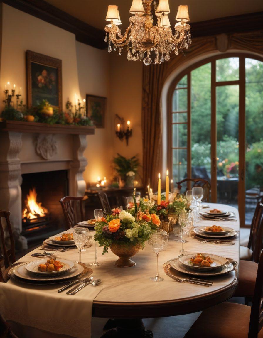 A luxurious dining setting showcasing a beautifully arranged table with elegant tableware and soft ambient lighting. In the background, a captivating view of a lush garden or cozy fireplace adds warmth. Diverse guests of various backgrounds enjoying gourmet dishes, laughter filling the air. The overall atmosphere exudes comfort and exquisite hospitality. super-realistic. vibrant colors. warm tones.